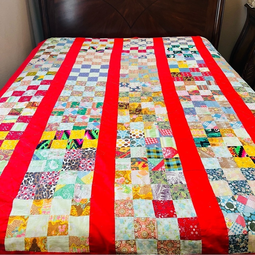 Vintage handmade quilt. 70”x90” Thin or no batting.
Vintage 1970s   BOHO decor.